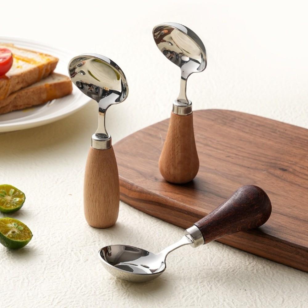 Round Bottom Kids Spoon Wooden Handle Standing Rice Spoon Stainless Steel Soup Spoon Baby Feeding