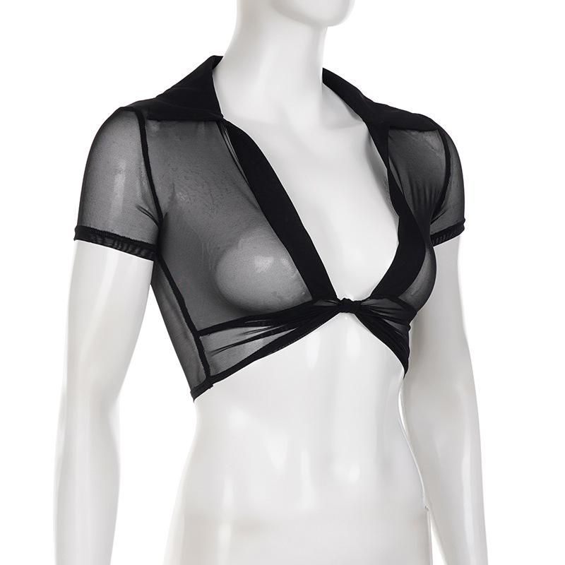 Сексуальная сетчатая футболка европейского стиля с V-образным вырезом и короткими рукавами - Женская летняя облегающая однотонная накидка с перекрутом