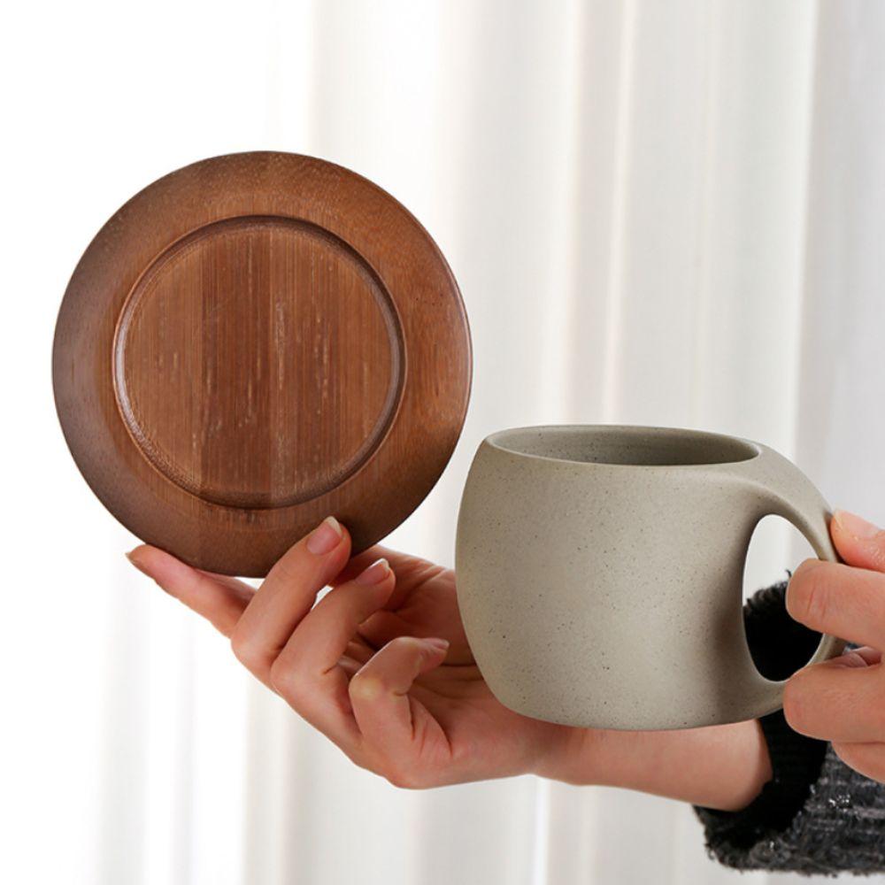 Japanese Style Rough Pottery Modern Art Coffee Cup with Wood Saucer Rounded Handle Big Belly Latte Cup Vintage Matte Drink Mug