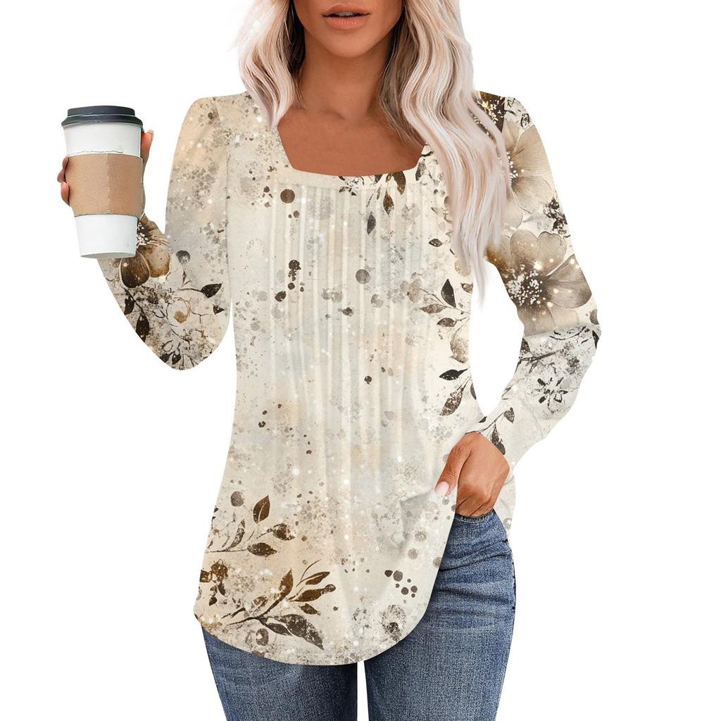 Long Sleeve Shirts For Women Tops Dressy Casual Blouses Pleated Square Scooped Neck Tunic Tops