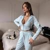 Womens Casual 2-Piece Set: Solid Color Long Sleeve Zip-Up Crop Top Wide Leg Pants