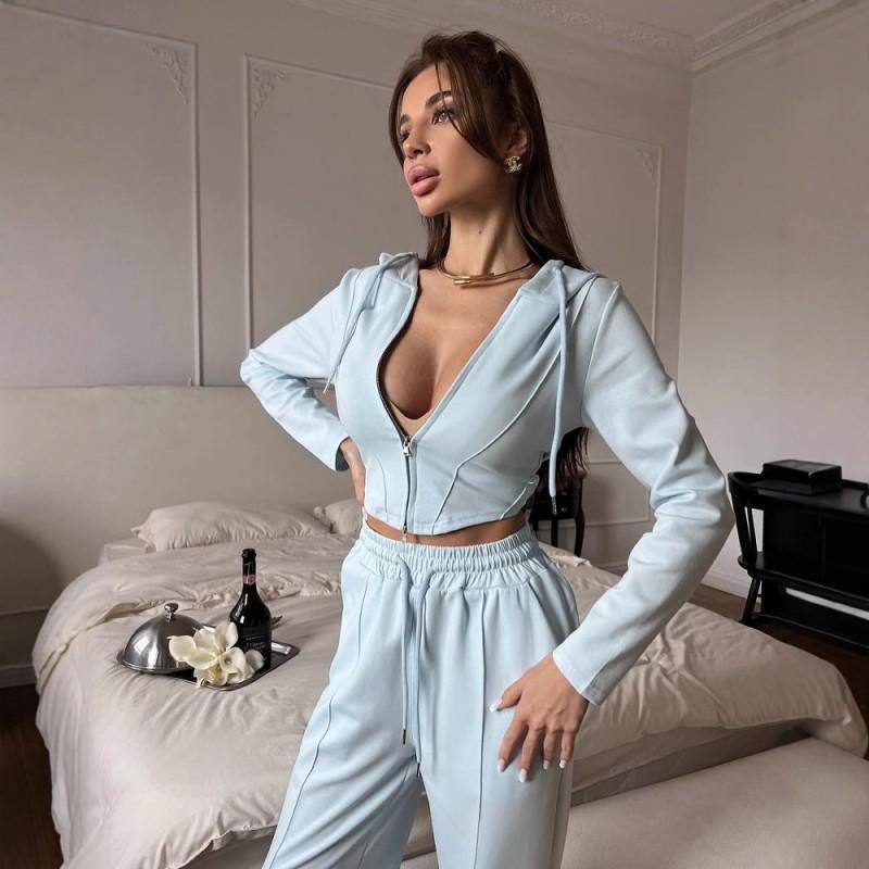 Womens Casual 2-Piece Set: Solid Color Long Sleeve Zip-Up Crop Top Wide Leg Pants