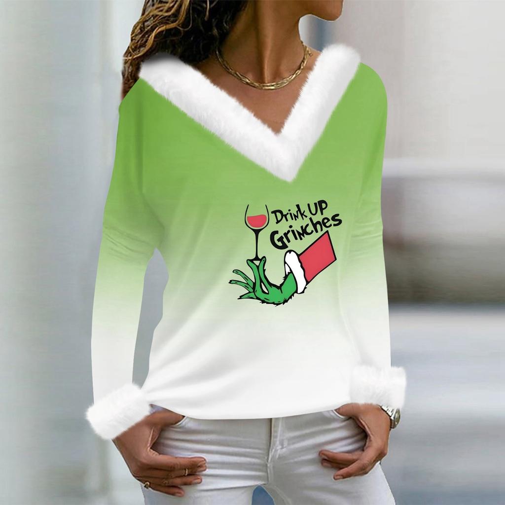 Женская футболка, рождественская рубашка с длинным рукавом, вечерние, рождественский флисовый воротник, топ с v-образным вырезом
