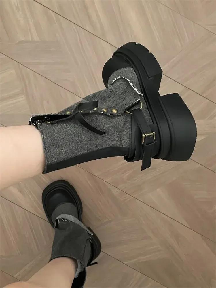 Модные ковбойские полусапоги для женщин с круглым носком, на каблуке, из денима, элегантные, до середины икры, для работы, из ПУ, весна 2024, гяру, Y2k