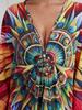 EDOLYNSA Vintage Colorful Printed Women's Plus Size Kaftan 2024 Summer Boho V-Neck Batwing Sleeve Sexy Beach Cover-ups Cozy House Dress Q1588