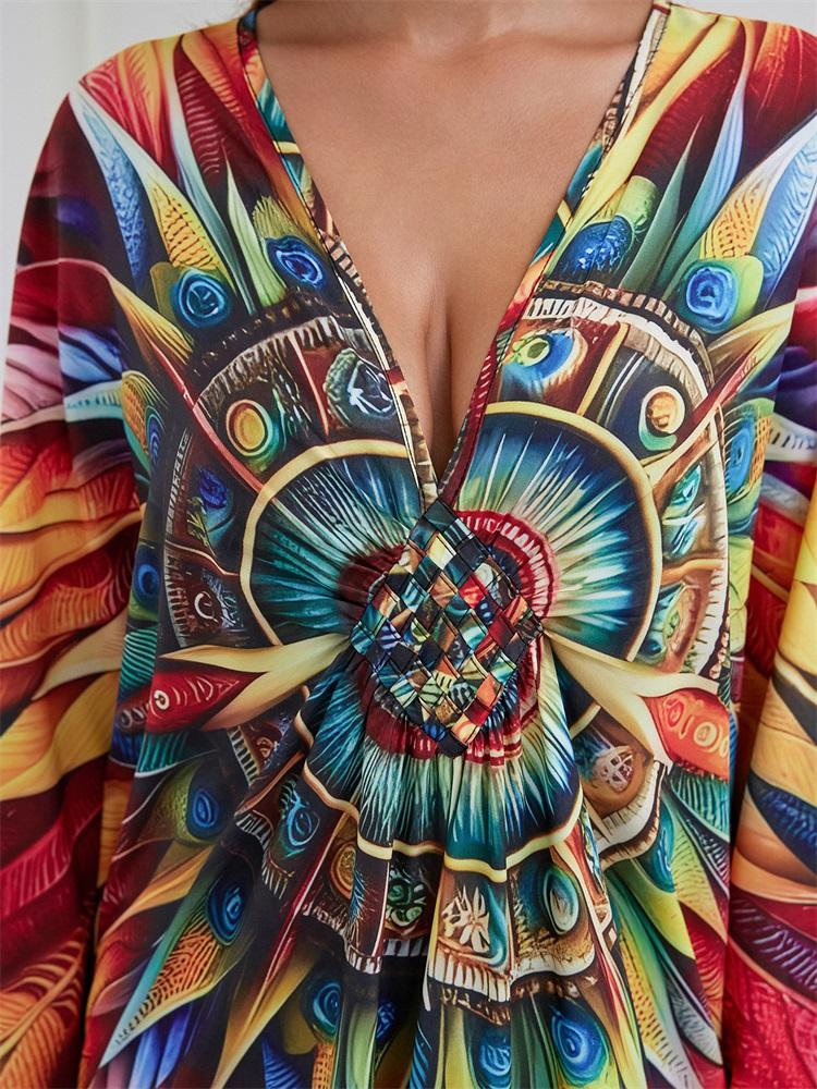 EDOLYNSA Vintage Colorful Printed Women's Plus Size Kaftan 2024 Summer Boho V-Neck Batwing Sleeve Sexy Beach Cover-ups Cozy House Dress Q1588