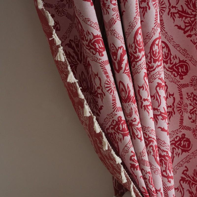 French Style Jacquard Curtain With Tassel Trim Semi-Sheer Red Beige Living Room Bedroom Balcony
