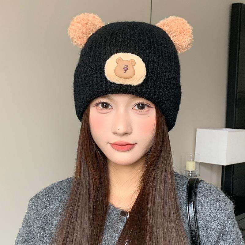 Cute Cartoon Bear Wool Knitted Hat for Female Students, Seasonal Cold Hat, Big Head Circumference, Warm Ear Protector