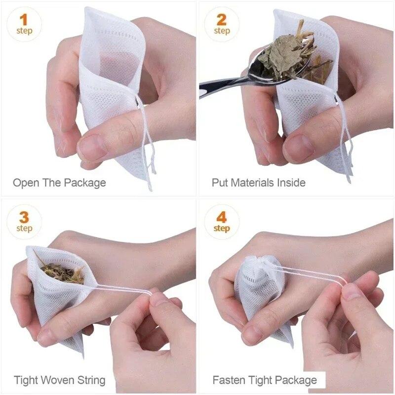 100PCS Disposable Tea Filter Bags Non-woven Fabric Tea Bag with Drawstring Kitchen Filter Paper for Coffee Herb Loose Tea