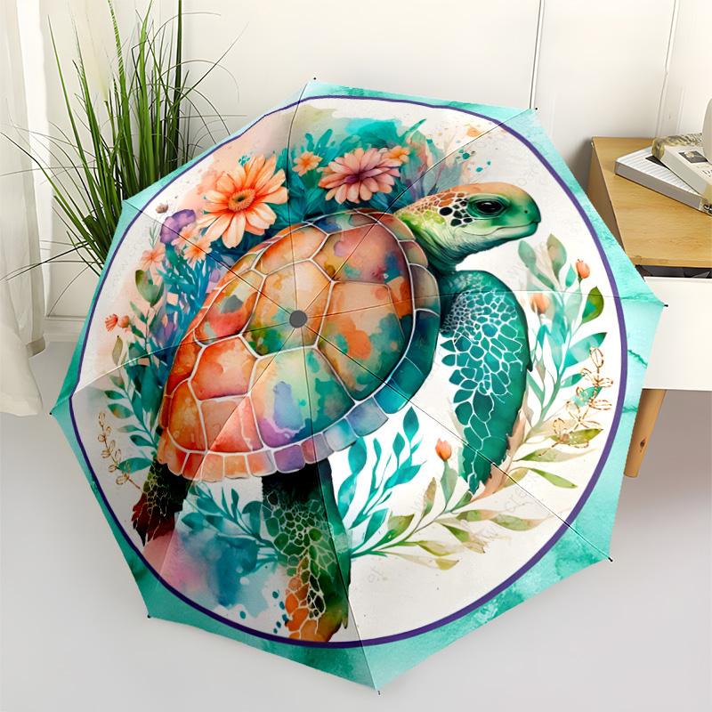 Watercolor Turtle Garden Compact Travel Automatic Umbrella with 8-Rib Foldable Design Travel Essential Compact Folding Umbrella Stylish Gift for Women