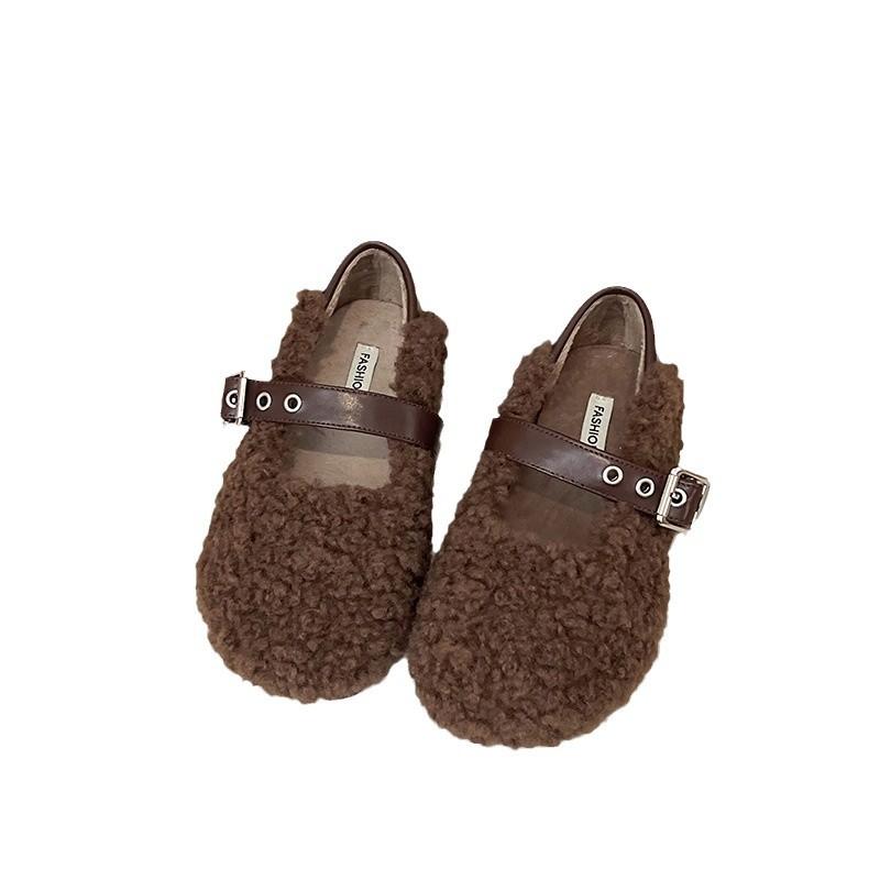 Плоские осенние и зимние туфли из плюша, женская обувь, новинка 2024 года, французские туфли Мэри Джейн для вечернего ветра Doudou single