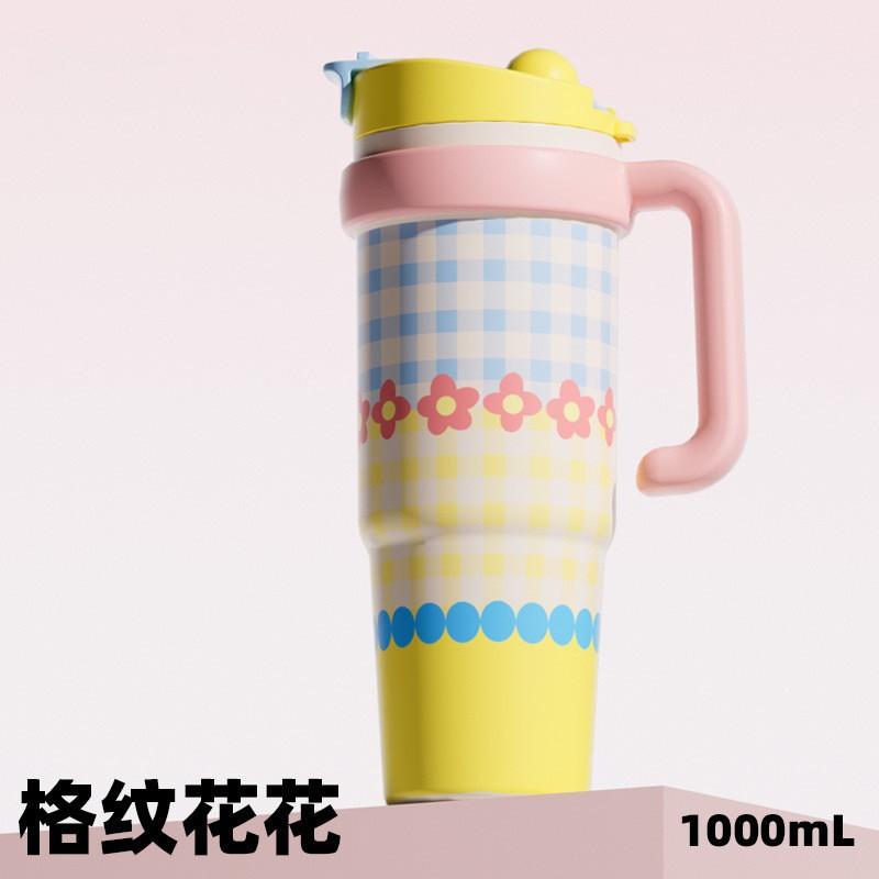 1000ml Stainless Steel Insulated Tumbler With Straw Women Large Capacity Vacuum Cup Cute Cartoon Design Office Travel Gym