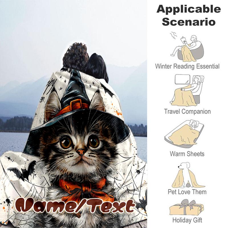 1PC Custom Name Halloween Cat Witch Hat outdooor Flannel blankets Throw Blanket All-Season Throw Gift Bedspread for Couch, Bed, Camping Holiday Birthd