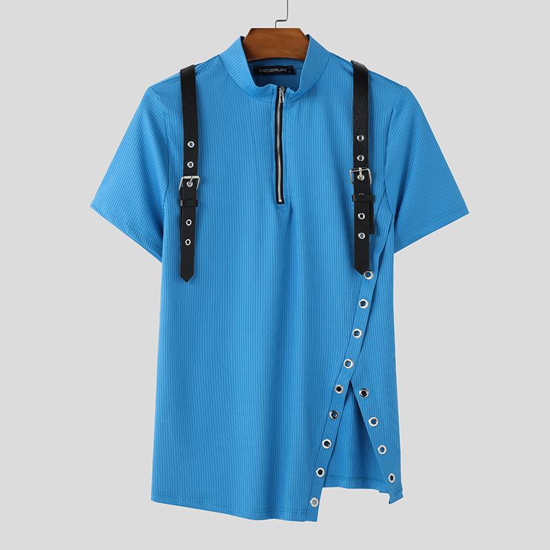 INCERUN Летние мужские повседневные нестандартные тонкие футболки с коротким рукавом на молнии