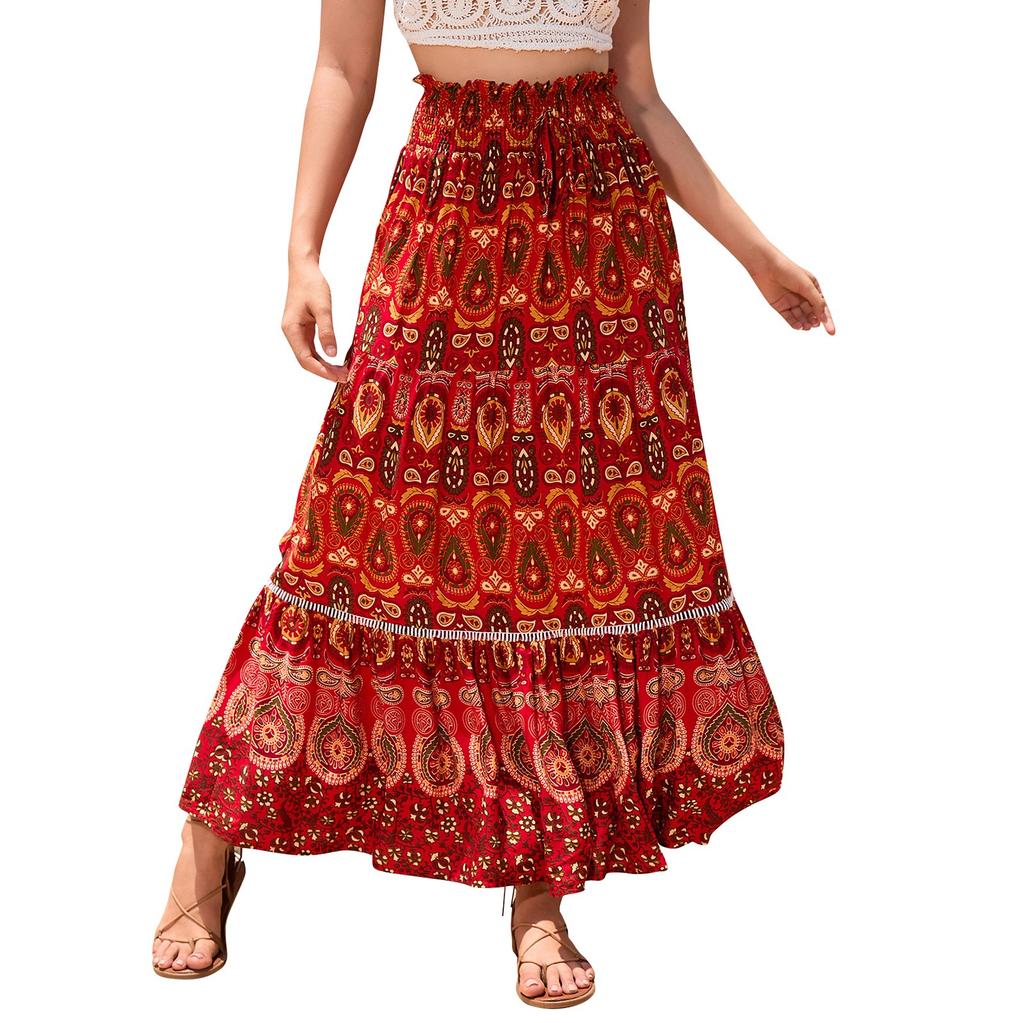 Women's Ethnic Style Printed Skirt Bohemian Beach Skirt Hollow Lace Splicing Long Skirt For Women