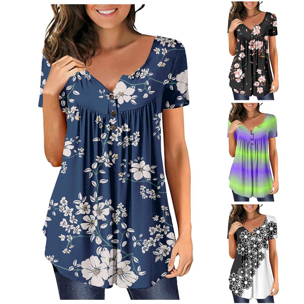 Women's Short-sleeve Loose Tops Casual Plus Size Tunic Button Tops
