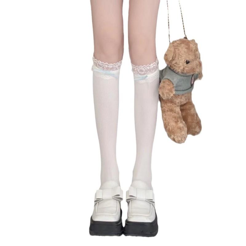Sweet Japanese Style Knee High Socks With Lace Trim Ribbon Bow Velvet Cotton Blend Anti-Odor Antibacterial One Size