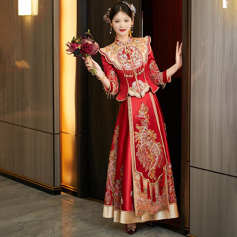"Slim Fit Satin Xiuhe Dragon & Phoenix Chinese Wedding Dress"