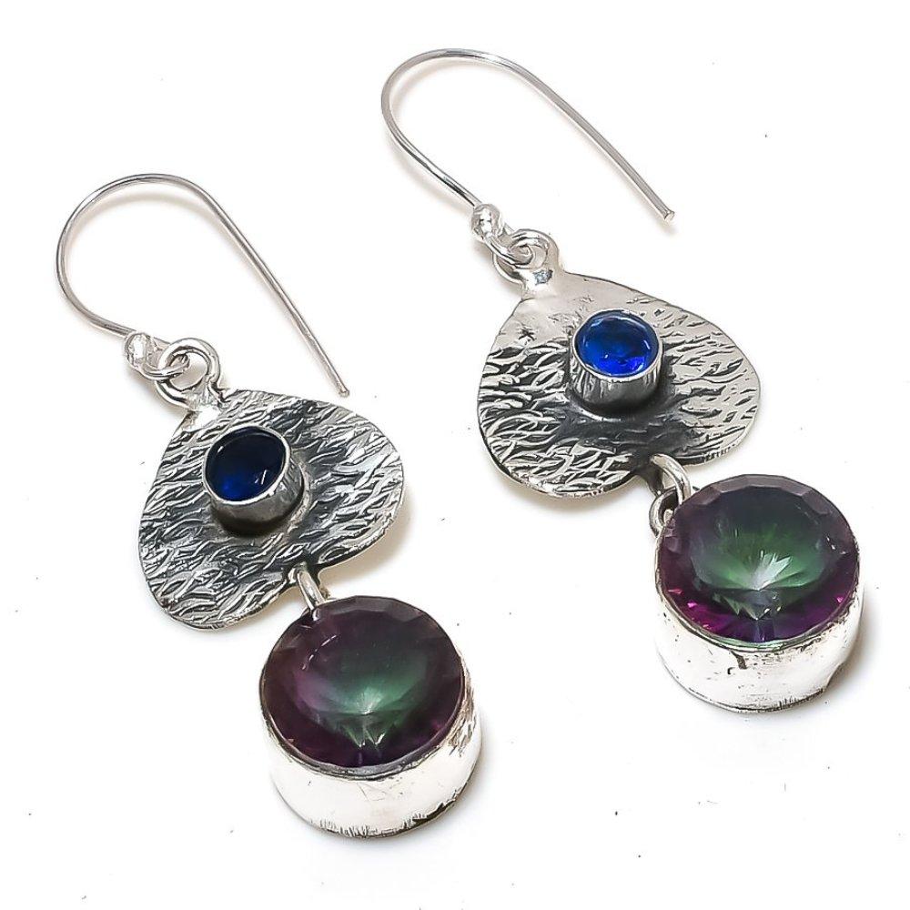Серьги из стерлингового серебра 925 пробы с натуральным мистическим радужным топазом и голубым топазом, 2,17 дюйма b9u58