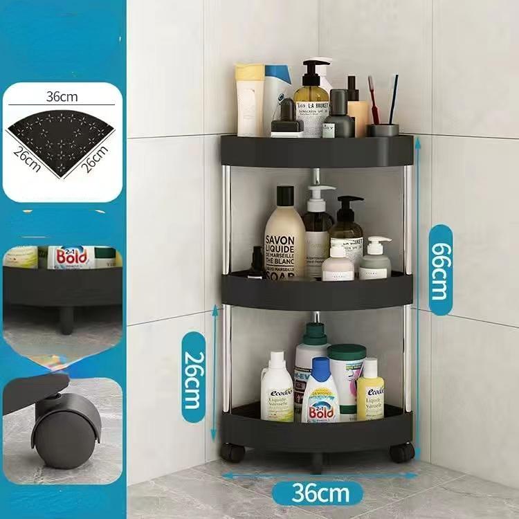 Corner Shelf Plastic Kitchen Bathroom Triangle 3/4 Tier Storage Rack Rolling Cart with Wheels Slide Out Floor Shelves