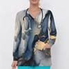 Women Plus Size V Neck Long Sleeve Printed Scrub Top Black Gold Floral With Front Pockets