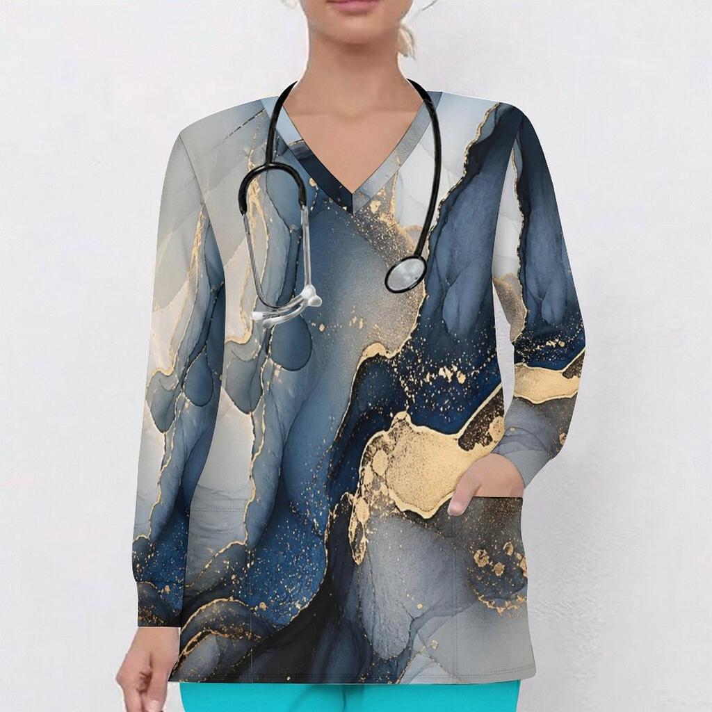 Women Plus Size V Neck Long Sleeve Printed Scrub Top Black Gold Floral With Front Pockets