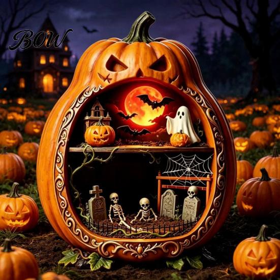 Halloween Cobweb Decorations Centerpiece Pumpkin, Wooden Pumpkin Ornament with Miniature Scenes, Rustic Detailed Scene Decor Skeleton for Farmhouse