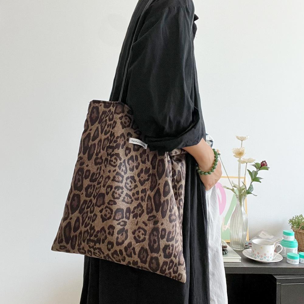 Vintage Faux Suede Women's Leopard Shoulder Bags PU Strap Double Side Female Purse Handbags Fall Winte Canvas Tote Underarm Bag