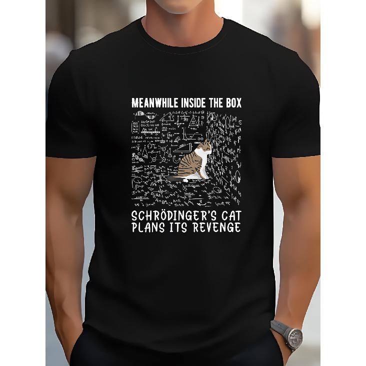 1pc Men'S Schrödinger'S Cat Physics T-Shirt - Heavyweight 180Gsm Tee Featuring The Renowned Thought Experiment Graphic, Black Science Apparel