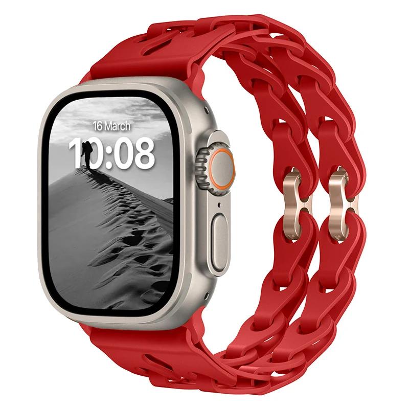 Силиконовый ремешок с двойной звеньевой цепью для Apple Watch Band Ultra 2 49мм 44мм 40мм 45мм 41мм 42мм Браслет для Series 9 8 7 6 5 4 SE 3