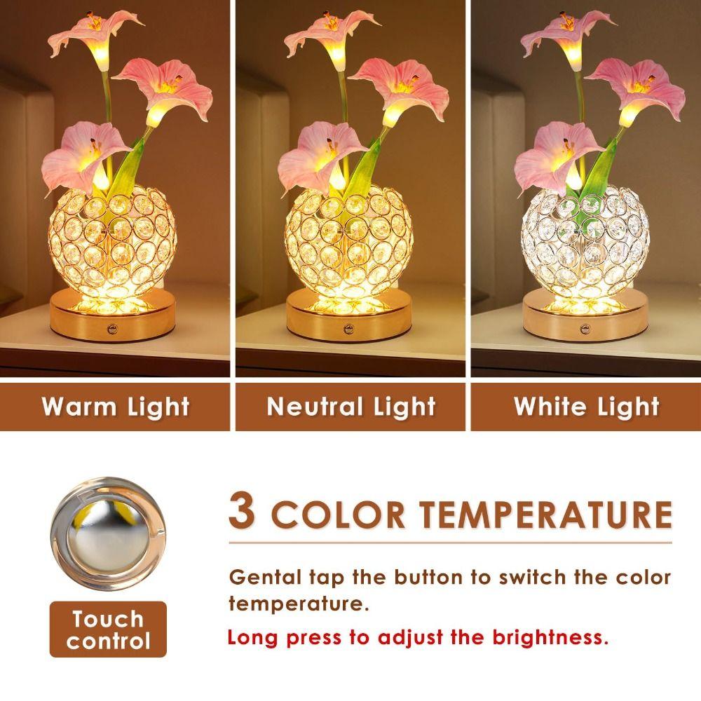 USB Rechargeable Morning Glory Night Light Crystal Flower Bedside Lamp for 1200mAh Desk Decor