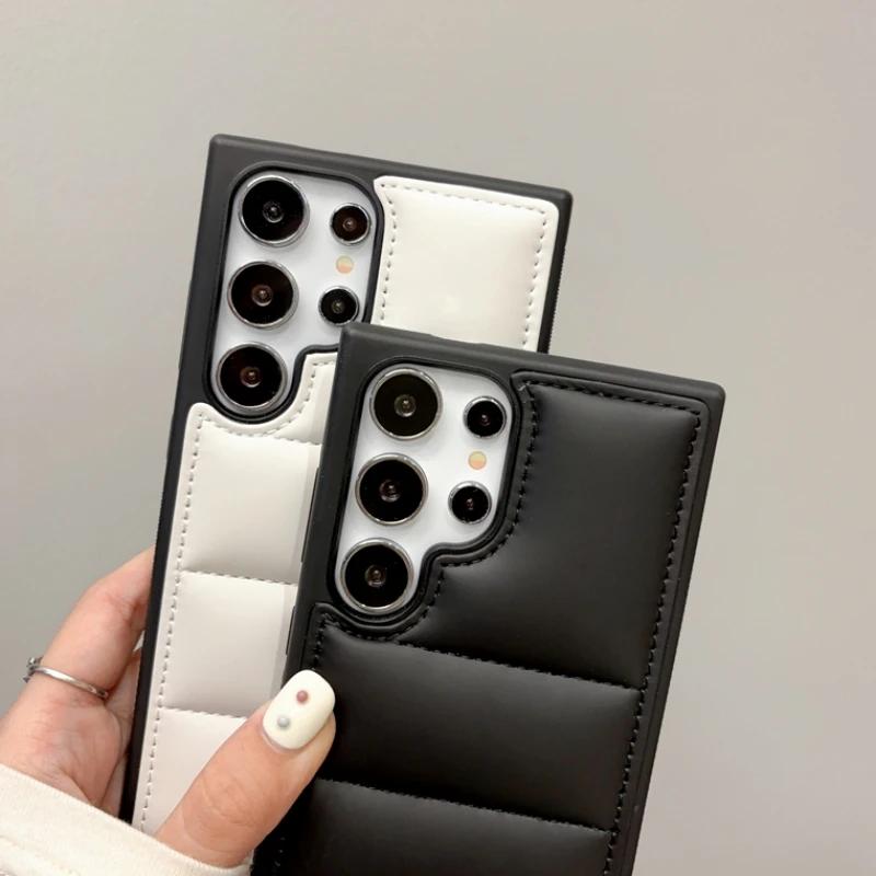 Luxury Soft Fabric Down Jacket Puffer Phone Case For Samsung S25 S24 S23 S22 Ultra Plus Silicone Back Cover For Galaxy S25+Funda