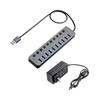 USB-концентратор Sanwa Direct на 10 портов с собственным питанием, USB-зарядное устройство с индивидуальным переключателем, USB 3.2/5 Гбит/с, с адаптером переменного тока 400-HUBA23GM