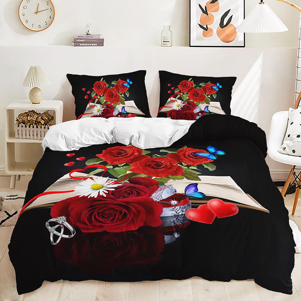 Комплект постельного белья с 3D розой Романтическая любовь Вниз Пододеяльник Наволочка 2/3 шт. Цветочный узор День святого Валентина Полный размер Домашний текстиль Женский пододеяльник