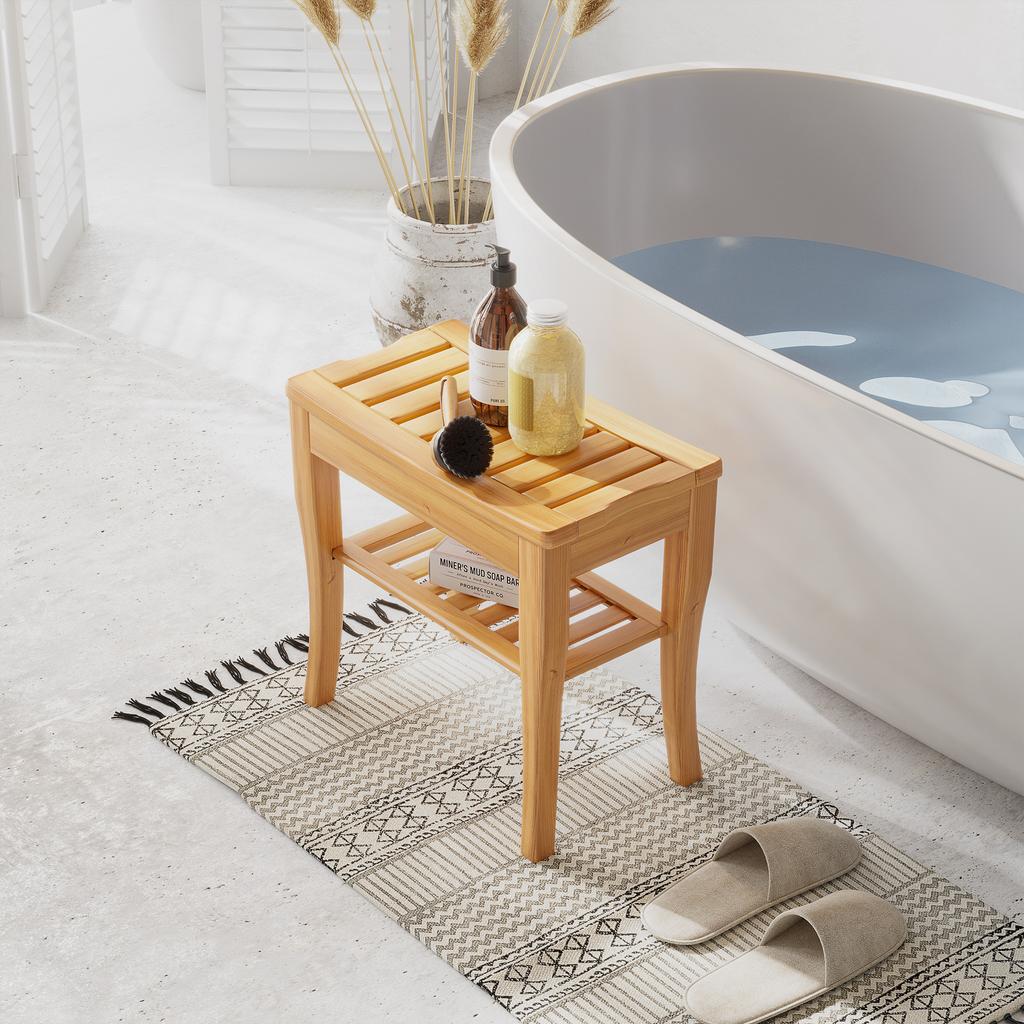 45cm 2-Tier Slatted Shower Bench Storage Seat w/ 4 Legs Comfortable Safe Bathroom Stool Spa Bath Organiser