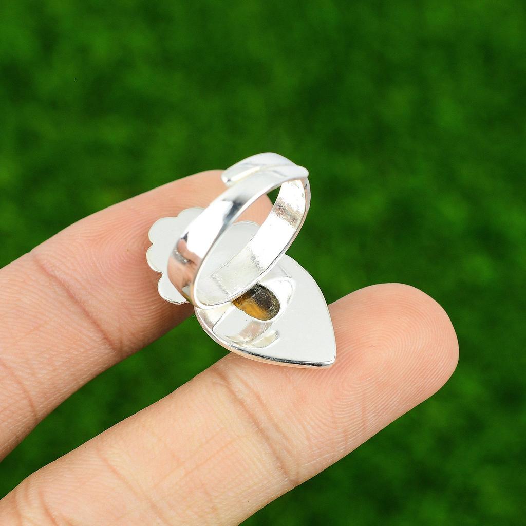 Natural Tiger'S Eye Gemstone Multi Stone Flower Adjustable Ring 925 Silver