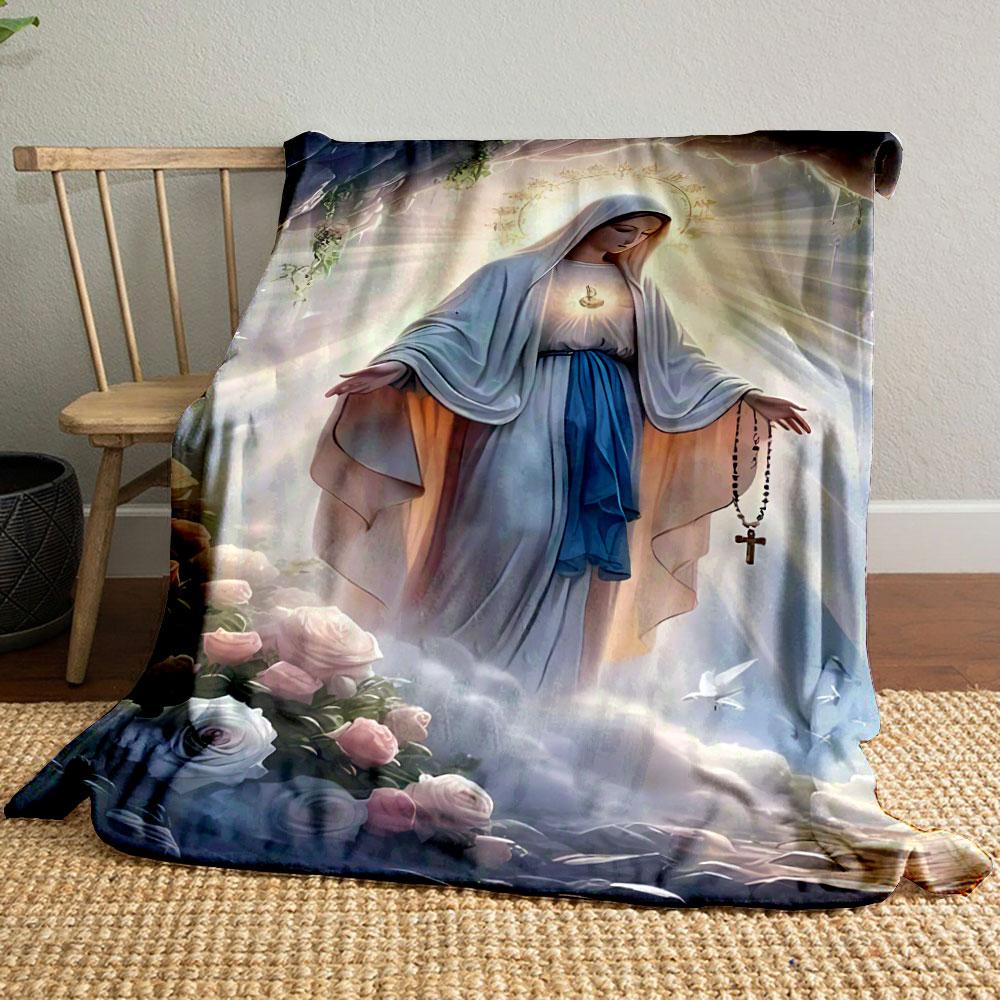 Blessed Mother Rosary Floral Throw Blanket Printed Blanket for Living Room Bed Couch lunch break Soft Cozy Blanket for Friend's festival Gift
