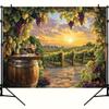 One 2D flat background of a vineyard at sunset, with wine barrels, the glow of the setting sun and grapevines - polyester
