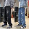 2024 Star Appliqué Embroidered Jeans For Men In Autumn Straight Loose Retro Casual Pants Fashion Solid Color Trousers Large Size
