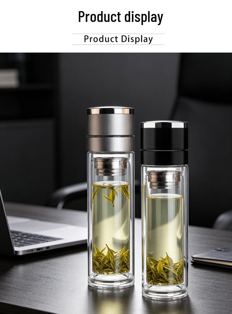 Men's High-Grade Borosilicate Tea Brewing Cup with One-Button Open Lid - Double-Layer Glass for Tea Separation