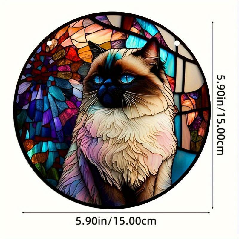 1pc 2d Flat Wood Animals Panda Print Stained Window Suncatcher Home Room Wall Decor Cat Pattern Wooden Sign - 20cm Round Wooden Hanging Pendant DIY