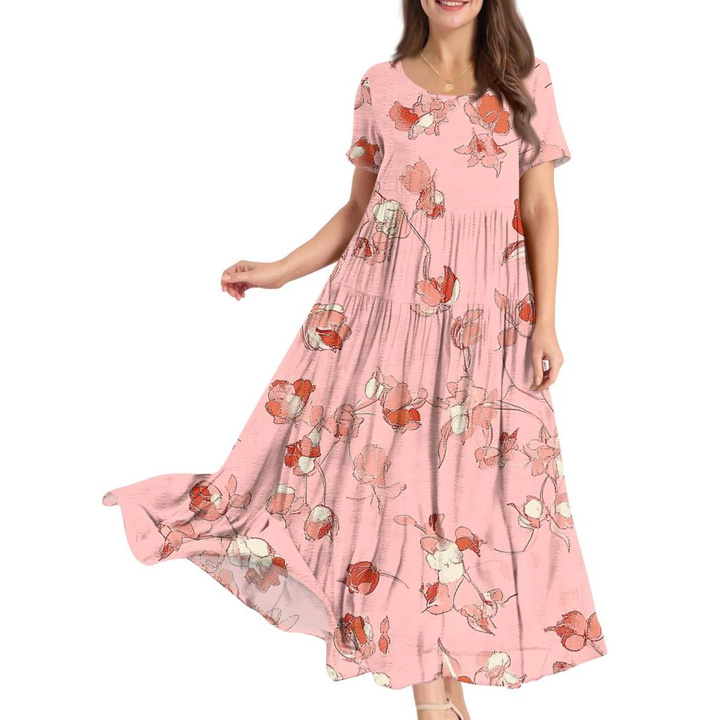 Женские летние свободные платья в стиле бохо с круглым вырезом и коротким рукавом с цветочным принтом