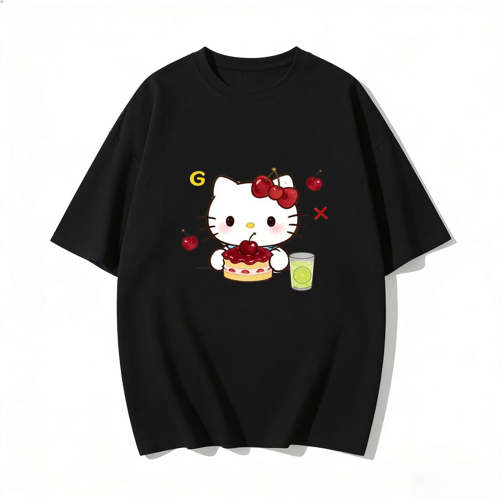 Летняя футболка с принтом Hello Kitty, короткий рукав, 100% хлопок, женская, для семейного образа, классическая модная футболка