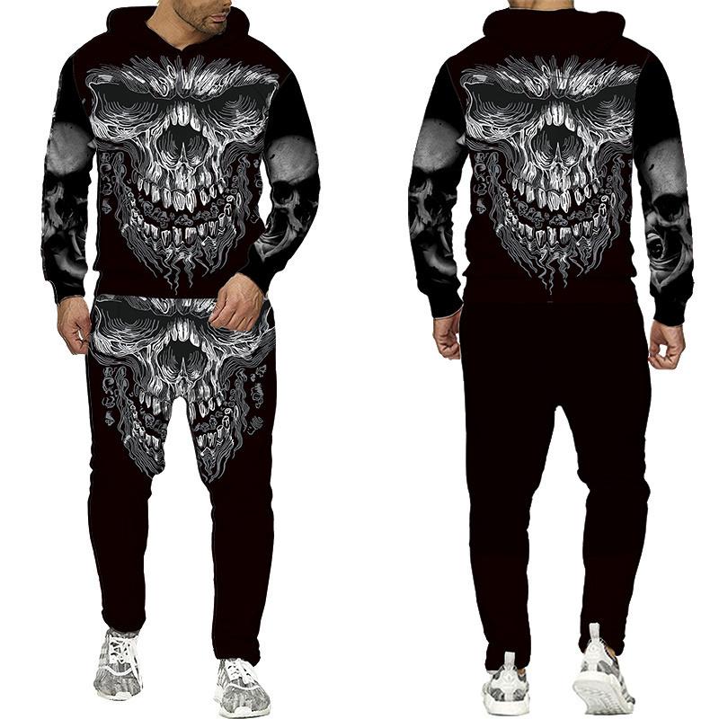 Мужской спортивный костюм, осенне-зимняя толстовка с капюшоном + брюки, комплект из двух предметов, крутой 3D принт черепа, мужские модные толстовки, кофты, костюмы