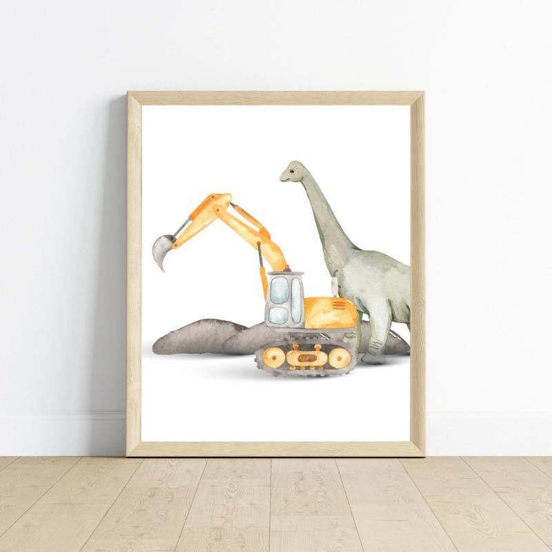 Cute Dinosaurs and Construction Trucks Excavator Bulldozer Posters and Prints Canvas Printing Wall Art Picture for Bedroom