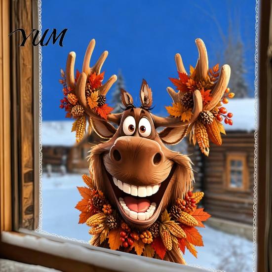 Removable Holiday Window Art Thanksgiving Sticker, Static Cling Fall Decal, Electrostatic Glass Stickers Cute Animal Sticker for Autumn Decoration