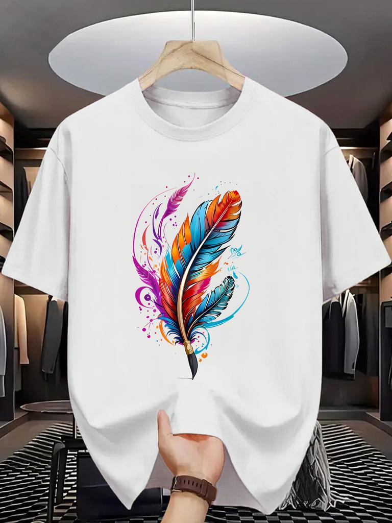Vibrant Rainbow Feather Print Unisex Short Sleeve Tshirt Art Quill Pattern O Neck Tee Creative Art Style Male Street Fashion Tops