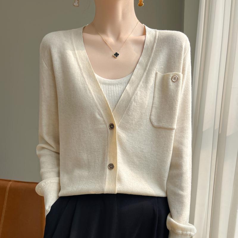 Вязаный кардиган с длинным рукавом Женская короткая куртка Свитер Высокий дизайн Нишевый Свободный Тонкий V-образный вырез Топ
