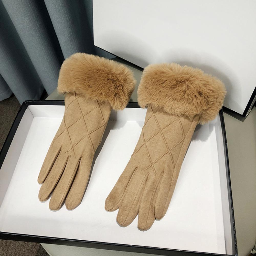 Plush Gloves Suede Women Cycling Mittens Retro Winter Fleece-lined Gloves Driving