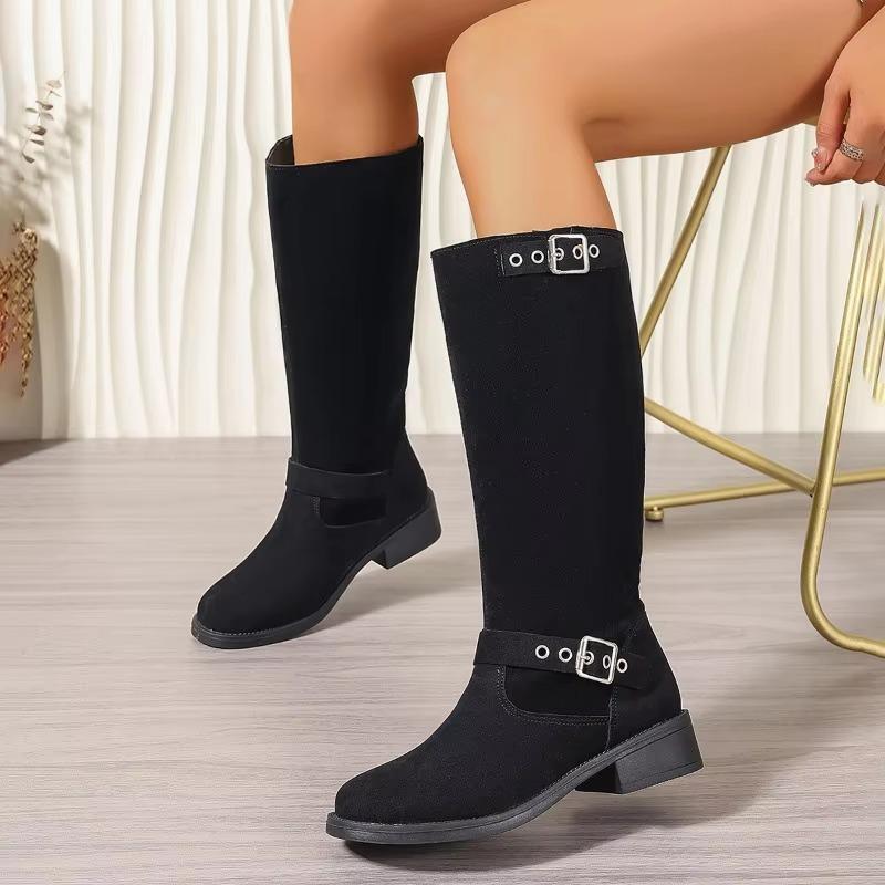 2024 Новые женские сапоги, классические женские сапоги с пряжкой на ремне, высокие сапоги до колена, повседневные сапоги с круглым носком и низким каблуком